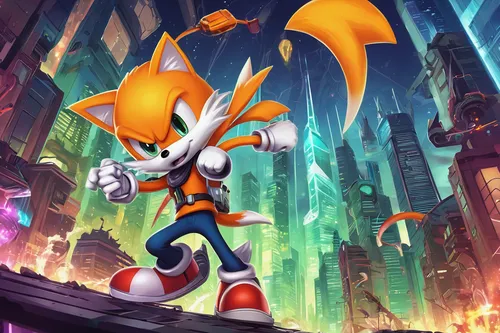 Imagine Tails Prower battling evil forces in a futuristic cityscape.,tails,sonic the hedgehog,mobile video game vector background,conker,core shadow eclipse,cartoon video game background,april fools d