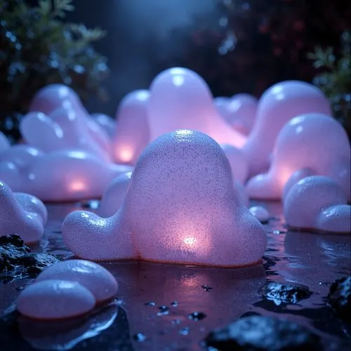 ice landscape,salt crystal lamp,ice bubble,3d render,water glace,cinema 4d,ice formations,frozen bubble,frost bubble,ice rain,ambient lights,artificial ice,ice,frozen ice,iceburg,ice cave,slimes,frozen dew drops,volumetric,bubbletent