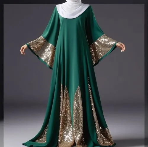 3d fashion drawing for Muslim hijab with 4k with loose design with sequin with suede with dark green ,an evening gown with sequins on the bottom, and gold trim,abayas,ghadir,abaya,poiret,vestment,vest