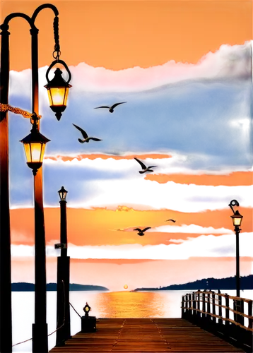 lamplight,fishing pier,boardwalk,streetlamps,street lamps,lanterns,wooden pier,harborwalk,splendid colors,fairhope,the pier,eventide,old pier,pier,boardwalks,sea gulls,edmonds,lamplighters,waterfront,predawn,Illustration,Vector,Vector 13