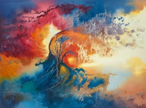 a colorful painting of trees and sky,danxia,mantra om,ebtekar,earth chakra,abstract painting,watercolor paint strokes,Illustration,Paper based,Paper Based 24