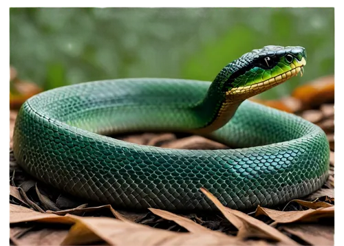 Snake, reptile, green scales, forked tongue, slithering, curled up, solo, detailed texture, shiny eyes, black pupils, forest floor, warm sunlight filtering through leaves, 3/4 composition, shallow dep