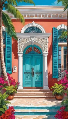 West Indies style mansion, grand entrance, ornate wooden door, bright colorful walls, balconies with intricate ironwork, red terracotta roof, lush tropical garden, palm trees, bougainvillea flowers, w