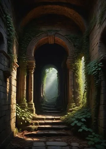 labyrinthian,hall of the fallen,theed,passage,passageway,ruins,pathway,corridors,entrada,threshold,ruin,hollow way,the threshold of the house,the mystical path,corridor,dandelion hall,archway,tunnel,gateway,mausoleum ruins,Art,Classical Oil Painting,Classical Oil Painting 09