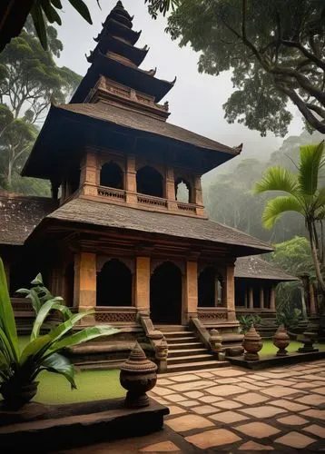 Traditional Sri Lankan architecture, temple, stupa, intricate carvings, ornate details, Buddhist influence, curved roofs, wooden structures, stone walls, vibrant colors, lanterns, tropical plants, lus