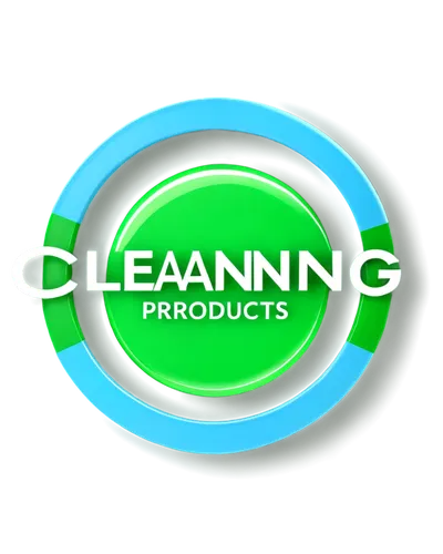 Cleaning products logo, modern design, bold font, green and blue colors, circular shape, glossy finish, 3D effect, bright lighting, centered composition, minimalist style, metallic texture, reflective