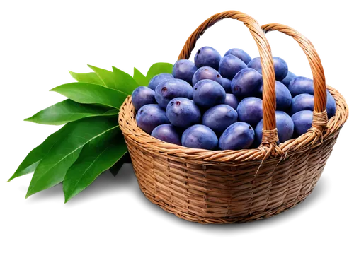 Basket of azul fruits, still life, exotic fruit arrangement, blue-purple fruits, shiny skin, juicy flesh, green leaves, woven basket, natural material, warm lighting, 3/4 composition, shallow depth of