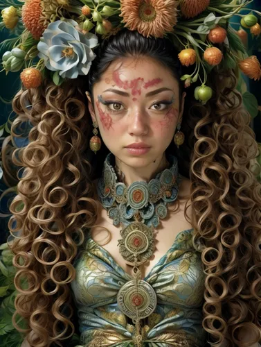 girl in a wreath,fantasy portrait,merida,bjork,medusa,dryad,flora,wreath of flowers,fairy peacock,moana,fantasy art,elven flower,faery,faerie,fractals art,the enchantress,girl in flowers,mother nature,golden wreath,fantasy woman