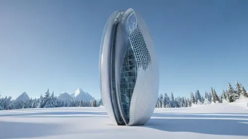 Futuristic abstract structure in the middle of tall snowy mountains peaks surrounded by tall coniferous trees. Realistic 3d Render lumion style with perfect lighting and realism ,futuristic architectu