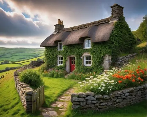 Irish countryside, rural landscape, rolling hills, stone cottage, traditional Irish architecture, rustic design, wooden door, windows with shutters, flower boxes, ivy-covered walls, thatched roof, chi