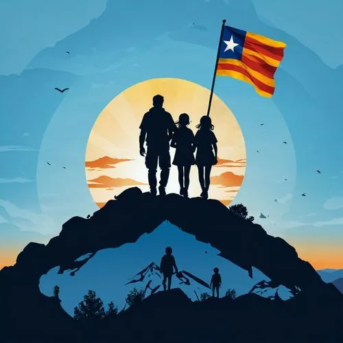 Silueta de padre con dos niñas adolescentes y un niño 12 años en la cima de la montaña con la Bandera estelada de Catalunya, puesta de sol azul,catalonia,andorra,españa la bella,mallorca,valencian,cos