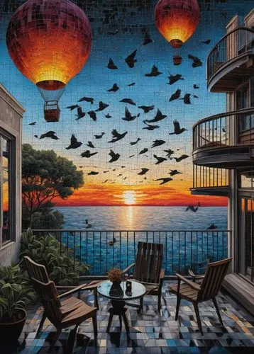 hot-air-balloon-valley-sky,hot air balloons,sky apartment,jigsaw puzzle,balloon trip,parachutes,hot air balloon rides,chinese lanterns,airships,hot air balloon ride,surrealism,art painting,oil painting on canvas,flock of birds,glass painting,hot air balloon,flying seeds,meticulous painting,seaside resort,balloons flying,Illustration,Black and White,Black and White 09