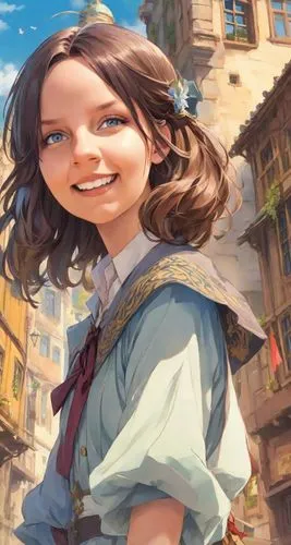 a girl's smile,little girl in wind,the girl's face,girl in a historic way,girl with speech bubble,studio ghibli,agnes,girl with bread-and-butter,cinnamon girl,main character,girl portrait,the little g