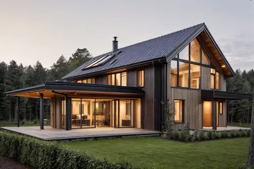 timber house,folding roof,wooden house,modern architecture,metal roof,eco-construction,scandinavian style,house in the forest,modern house,inverted cottage,wooden roof,slate roof,log home,danish house