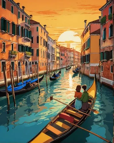 Couple in a gondola. In venedig. Colors are yellow, orange, green, blue, brown, red.,a couple rides in a gondola on the water,venedig,venezia,veneziani,venetians,gondolas,venecia,Illustration,Japanese