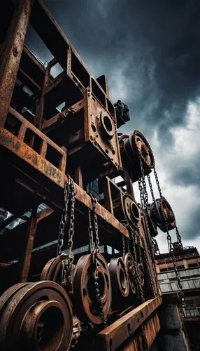 Winch design, industrial architecture, complex machinery, metallic texture, rusty color, intricate details, pulleys, chains, gears, steel beams, concrete foundation, urban background, cityscape, cloud