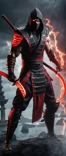 Scorpion, Mortal Kombat, fighter, male, muscular, ninja specter, hellfire, burning eyes, red ninja mask, black and red armor, katana sword, "Get over here!" pose, dramatic lightning background, ancien