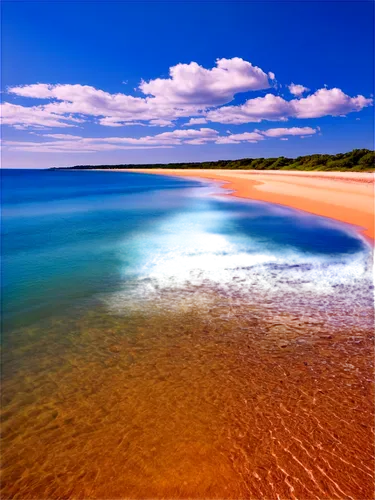 Calming ocean scene, vast blue waters, gentle waves, sandy beach shoreline, clear sunny sky, few puffy white clouds, distant seagulls flying, warm sunlight reflection on water surface, shallow depth o