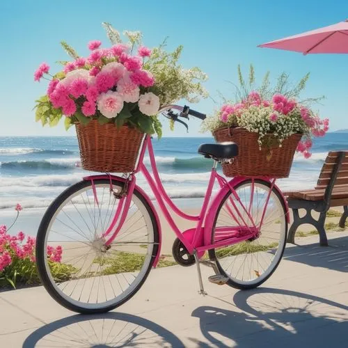 a pink bicycle is holding flowers and a pink umbrella,floral bike,flower cart,bicycle ride,woman bicycle,bicycle,bicycles,Photography,General,Realistic