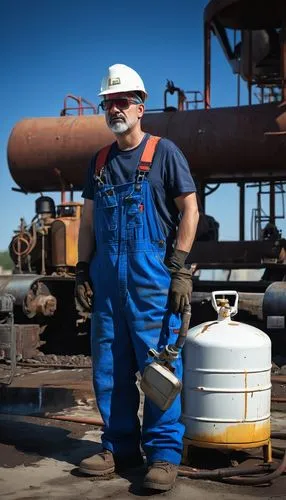 Industrial gas station, daytime, clear sky, few white clouds, large metal tanks, complex pipelines, valves, gauges, concrete ground, oil stains, a single worker in blue overalls, gloves, safety glasse