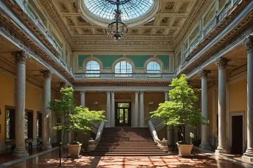 Philamuseum, grand entrance, high ceiling, marble floor, intricate stone carvings, elegant chandeliers, sweeping staircases, ornate balconies, neoclassical architecture, Philadelphia landmarks, sunny 