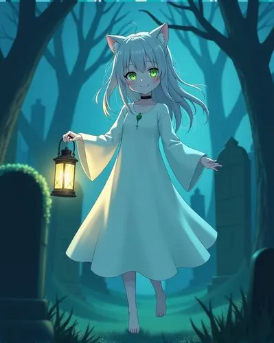 an anime character with a lantern in a graveyard,keine,piko,sakuya,ratri,puella,chiusa