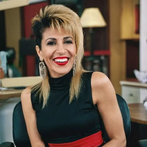 Portrait of  attractive elegant rich happy smiled laughing red lipsticked 40 years old arabic woman leaning on hip, red lipstick, 80's bicolur blonde mullet hair long on back and pushed up short on to