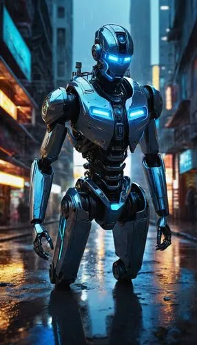 3D Sdxl models, futuristic robots, metallic body, glowing blue eyes, intricate mechanical details, posed in dynamic action, urban cityscape, neon lights reflecting off wet pavement, rainy night, cinem