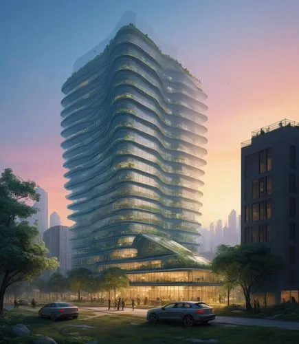 two cars and an outdoor park with tall building in the background,residential tower,bjarke,guangzhou,escala,antilla,zorlu,Illustration,Realistic Fantasy,Realistic Fantasy 04