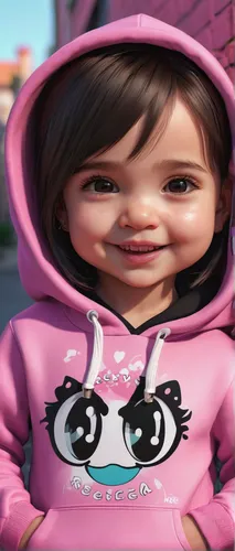 Cute cartoon style of a baby girl with a smile on the front, wearing a pink hoodie with the name "Rebeca" black eyes and dark hair, fashion, text 3D rendering, graffiti, typography, illustration, pain