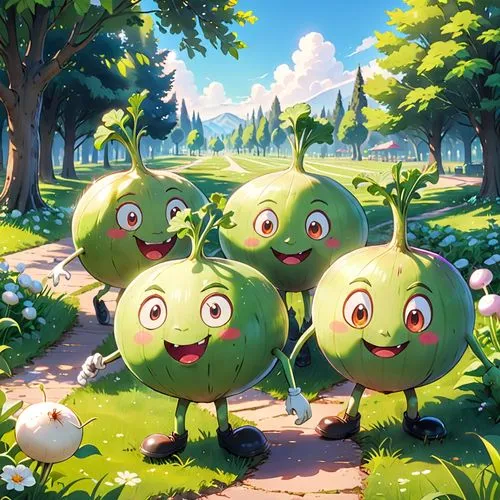 In an outdoor park, several anthropomorphized turnips with short legs and small arms are spread across the scene, with different expressions and poses. Some turnips have angry expressions, while other