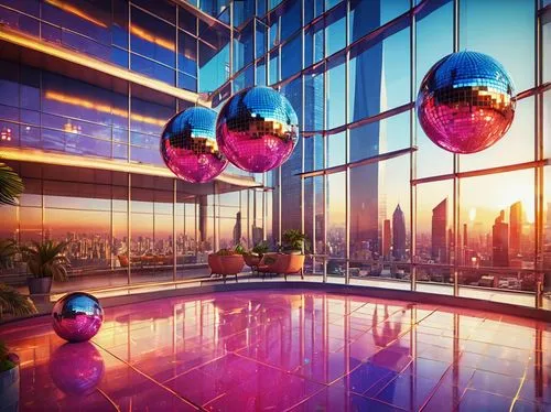 glass balls,mirror ball,disco ball,glass ball,sky apartment,prism ball,christmas balls background,disco,glass wall,glass sphere,penthouses,christmas balls,glass building,colorful balloons,sky space concept,spheres,glass decorations,top of the rock,3d render,vdara,Illustration,Realistic Fantasy,Realistic Fantasy 38