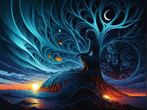 a painting with trees and moon in the background,tree of life,magic tree,celtic tree,burning tree trunk,colorful tree of life,dragon tree,Illustration,Realistic Fantasy,Realistic Fantasy 25