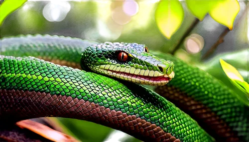 Serpent, coiled body, shiny scales, forked tongue, green and brown camouflage, detailed texture, morning dew, soft sunlight filtering through leaves, close-up shot, 3/4 composition, shallow depth of f