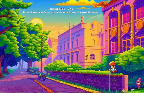 colorful city,retro music,musical background,retro background,arcade,dusk background,nostalgic,background screen,french digital background,aesthetic,pixel art,cartoon video game background,music backg