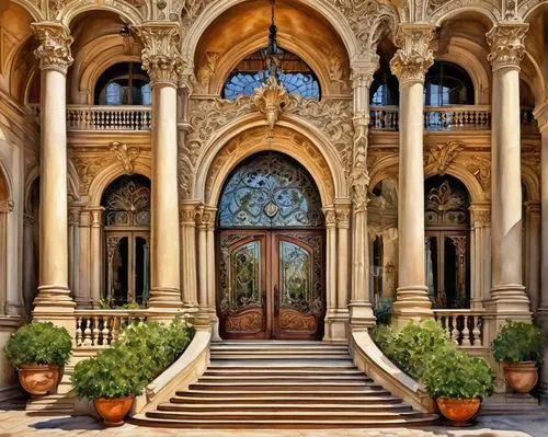 dolmabahce,villa balbianello,marble palace,loggia,villa d'este,entryway,palermo,ornate,entranceway,palazzo,mirogoj,villa cortine palace,milanesi,front door,palladianism,villa balbiano,persian architecture,palatial,villa borghese,sursock,Illustration,Paper based,Paper Based 24