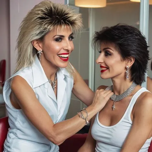 Close portrait. View of attractive rich very elegant laughing italian women with hairstyle 1980s style C C Catch,  looking straight into eyes, caressing bare upper arms, sitting in the chair and cross