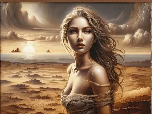 Passion Sexy Painting ,Naked Woman  Abstract Body Art Oil Painting,the painting shows a girl in the middle of a desert,girl on the dune,sand rose,inanna,fantasy art,sand art,dune sea,Illustration,Real