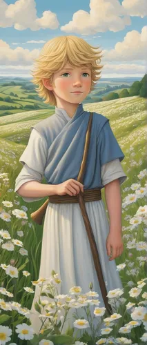 Produce a peaceful and serene Thorfinn profile picture amid a field of blooming flowers.,little girl in wind,dandelion field,mayweed,chamomile in wheat field,girl with bread-and-butter,woman of straw,