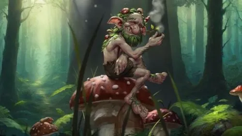 a man dressed as gnome sitting on top of a mushroom,fauns,dryad,dryads,faun,cernunnos,leshy