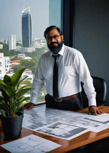 Middle-aged male architect, Sri Lankan, matured facial features, glasses, black hair, beard, white shirt, black trousers, leather belt, holding blueprints, standing, modern architecture office, Colomb