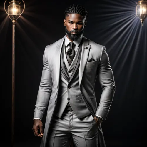 Dark purple aura. dark spirits in the background, radiating from him. Stoic expressive and an aggressive pose,a black man on a suit,black businessman,men's suit,african businessman,wedding suit,suit t