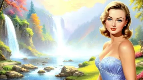 dark saturated colors, Romantic masterpiece oil painting, beautiful girl dainty sheer dress, nostalgic 1950's style kitsch, waterfall riverbank, cozy familiar scenery, by Thomas Kinkade, by Bob Ross, 