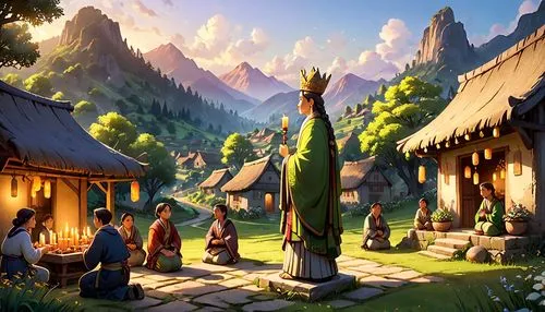 korean folk village,mountain village,alpine village,riftwar,mountain scene,townsmen,Anime,Anime,Cartoon