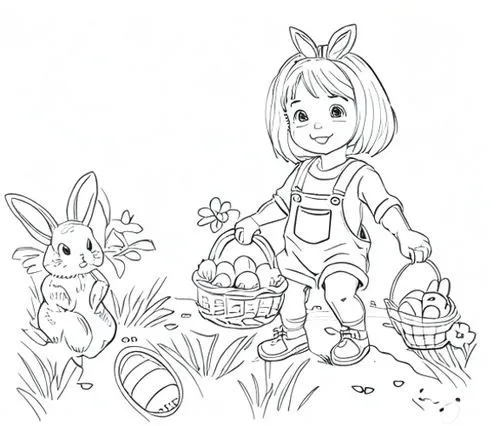 b/w outline art for kids coloring book page, Easter theme. Cute girl, in overalls, next to a rabbit, holding a basket looking for Easter eggs, coloring pages, full white, white background, (((((white 