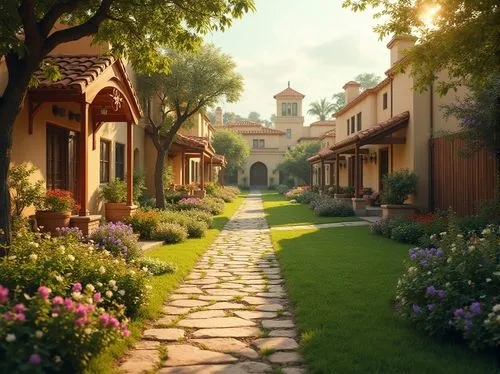 sylvania,knight village,violet evergarden,aurora village,pathway,home landscape,idyllic,walkway,medieval street,quaint,cottage garden,kinkade,cottages,country estate,theed,old linden alley,butterfields,alpine village,altadena,landscaping,Photography,General,Realistic