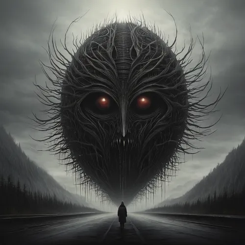 supernatural creature,dark art,three eyed monster,death head,death's head,daemon,one eye monster,death's-head,knife head,gorgon,covid-19 mask,shamanic,wraith,iridigorgia,sci fiction illustration,hinnom,black dragon,pall-bearer,carpathian,end-of-admoria,Illustration,Realistic Fantasy,Realistic Fantasy 17