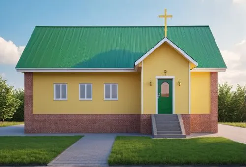 Small church school. Green roof made of corrugated sheet. Walls made of yellow siding. Brick base. Wooden steps.,a red brick and green roof building with shrubs,eparchy,little church,church painting,h