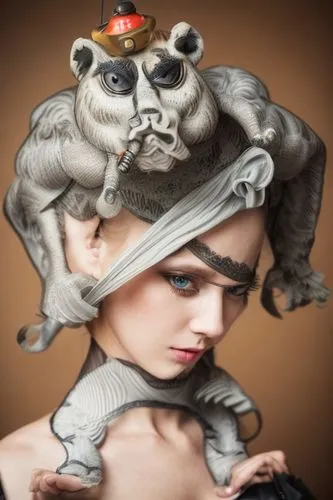 woman frog,puppeteer,capricorn mother and child,dormouse,fantasy portrait,sugar glider,whimsical animals,fairytale characters,anthropomorphized animals,fairy tale character,the hat of the woman,toad,surrealism,fantasy art,porcelain dolls,image manipulation,toadstools,pierrot,ventriloquist,couple boy and girl owl,Common,Common,Photography