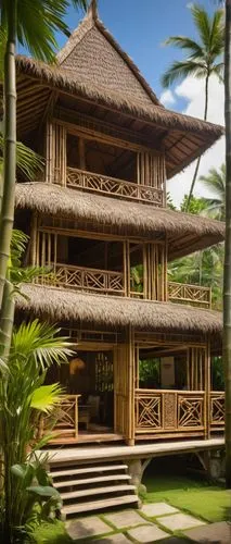 Bali architecture, bamboo building, exotic island, tropical atmosphere, lush greenery surroundings, intricate carvings, wooden accents, thatched roof, open-air design, natural materials, woven bamboo 